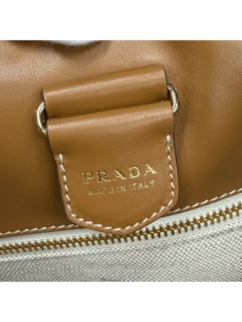 Prada Triangle Logo Stripe Leather Canvas Tote Brown White - Picture 12 of 14